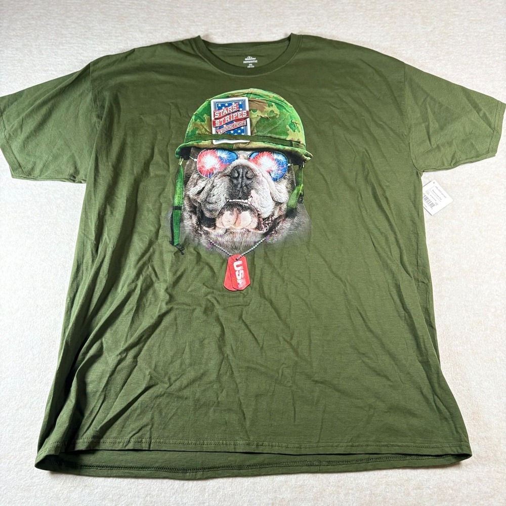 Bulldog Soldier Patriotic USA Graphic Tee 2XL Olive Green Military Dog Shirt